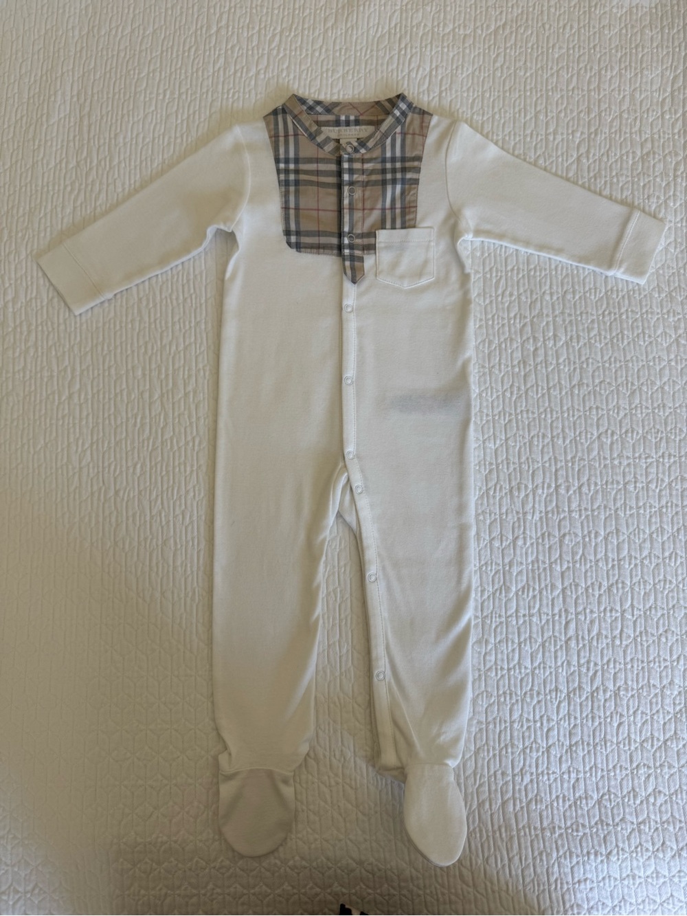 Burberry Ivory One-Piece with Beige & Navy Plaid Bib 6months